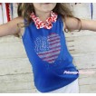 American's Birthday Royal Blue Tank Tops with Red White Chevron Satin Lacing with Sparkle Crystal Bling Rhinestone USA Heart Print T446